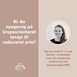 Jeg søger lige nu 1-2 klienter til kropsorienteret terapi til reduceret pris i forbindelse med min afsluttende eksamen og certificering som psykoterapeut MPF.

I terapien hos mig undersøger vi det, der fylder hos dig – både gennem samtalen og ved at lytte til kroppens signaler. Jeg tilbyder et rum, hvor det svære får lov til at udfolde sig, og hvor vi sammen ser nærmere på det, der præger din hverdag.

Jeg er uddannet familierådgiver og afslutter min 4-årige psykoterapeutuddannelse i sommeren 2026 ved @akademiet_indre_by. Gennem de sidste tre år har jeg haft over 90 individuelle sessioner, og jeg arbejder sideløbende som rådgiver på den nationale hotline hos Lev Uden Vold, hvor jeg møder mennesker i sårbare og komplekse livssituationer.

Hvis du vil se, om vi er et match, er du meget velkommen til at kontakte mig for en uforpligtende samtale. Du kan sende en besked her eller bruge linket i min profil.

Jeg glæder mig til at høre fra dig 🤍